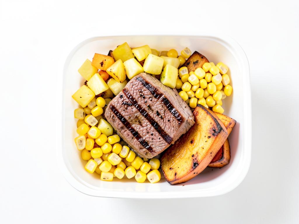 Atún a la plancha con piña, maíz y batatas