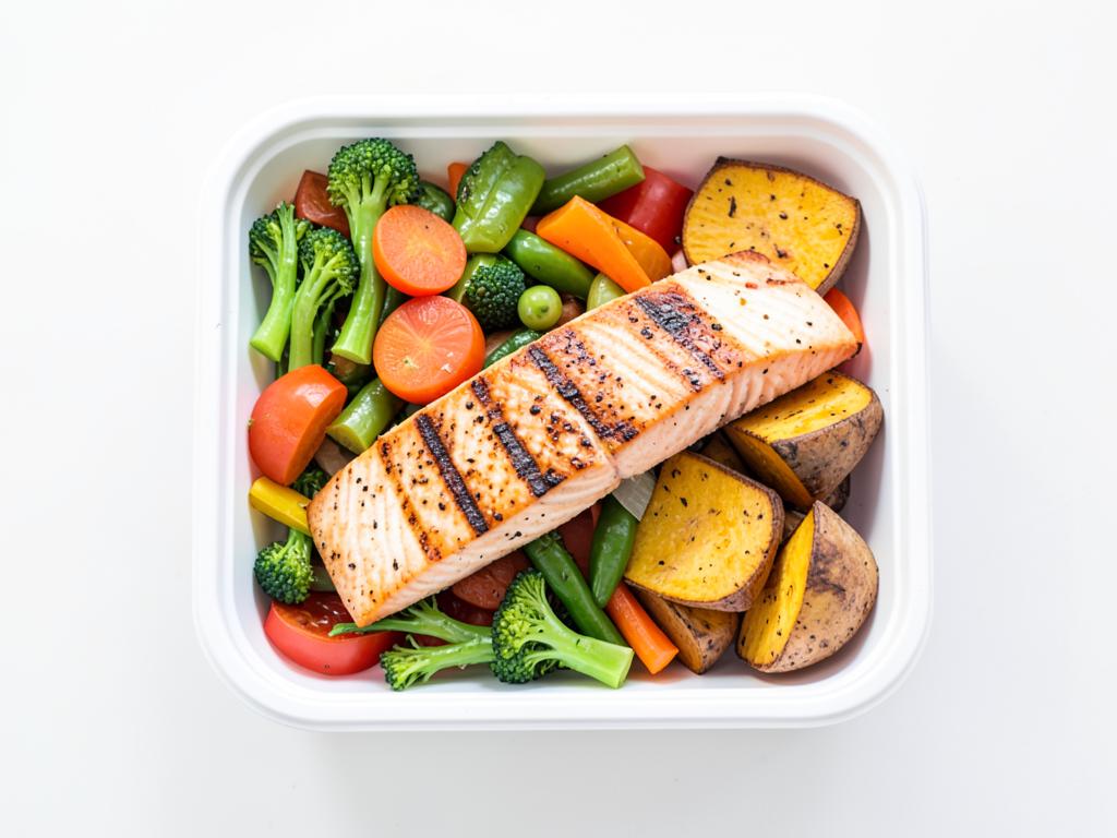 Salmón con verdura mixta salteada y batatas