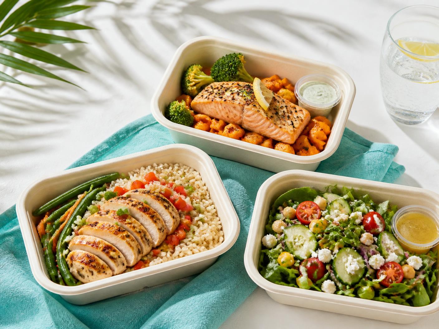 Tres platos preparados de Fit Taper: salmón con batata, pollo con verduras y ensalada fresca